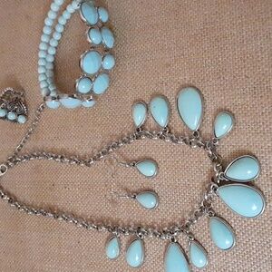 Blue, Aqua for March. Necklace, Earrings And Bracelet Set.